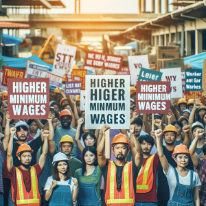 A group of workers from diverse backgrounds rallying for higher minimum wages and stronger labor rights. The image should capture a sense of unity